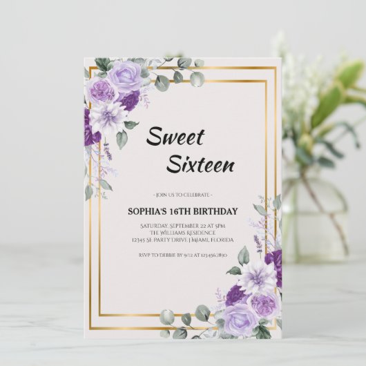 Invitation Sweet sixteen Floral violet avec cadre Or (Debout devant)
