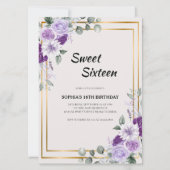 Invitation Sweet sixteen Floral violet avec cadre Or (Devant)