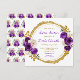 Invitation Sweet sixteen foncé violet et or élégant Fleurs