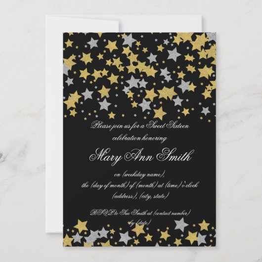 Invitation Sweet sixteen Gold Silver Parties scintillant Star (Devant)