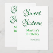 Invitation Sweet Sixteen green name date calligraphy boho ret (Devant / Derrière)