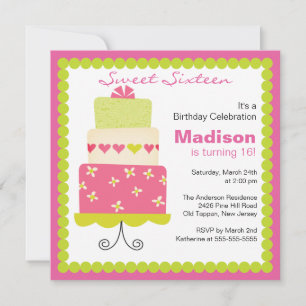 Invitation Sweet sixteen Green & Pink Cake Birthday Invitatio