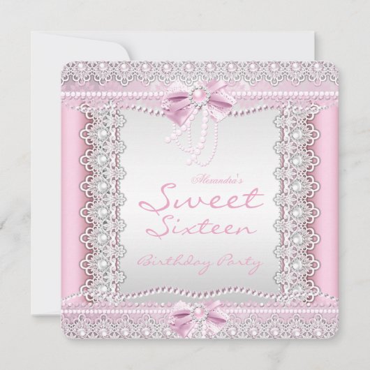 Invitation Sweet sixteen Jolie perles blanches roses Lace Bow (Devant)