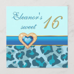 Invitation Sweet sixteen leopard bleu joyau coeur anniversair