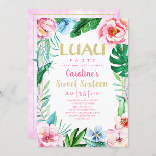Invitation Sweet sixteen Luau Tropical Floral Pink Hawaiian
