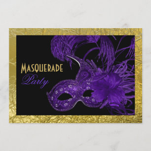 Invitation Sweet sixteen mascarade violet, feuille d'or