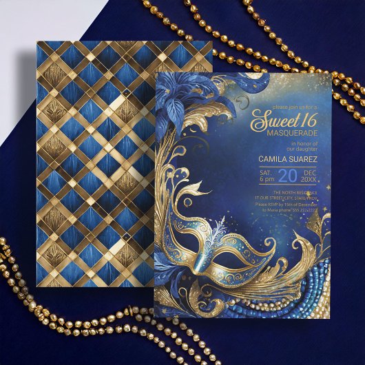 Invitation Sweet sixteen Masquerade Blue Gold ID1032