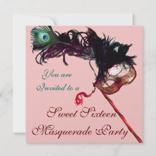 Invitation SWEET SIXTEEN MASQUERADE PARTI Rose Ice bleu noir