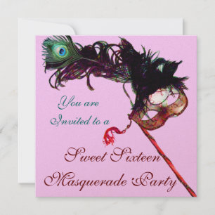Invitation SWEET SIXTEEN MASQUERADE PARTY, Or rose Metallic