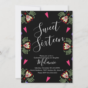 Invitation Sweet sixteen mexicain Fiesta Floral Coeur Noir