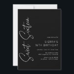 Invitation Sweet sixteen | Mini moderne Noir 16e anniversaire<br><div class="desc">Élégant et moderne doux 16 invitations avec une police manuscrite. Type de conception avec texte blanc sur un arrière - plan noir.</div>