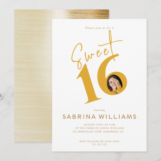 Invitation Sweet sixteen Moden Design Gold Script Anniversair (Devant / Derrière)
