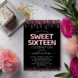 Invitation Sweet sixteen moderne 16ème anniversaire<br><div class="desc">Des invitations modernes à la fête du 16e anniversaire avec un arrière - plan noir élégant,  une parties scintillant rose et des confettis,  des ballons d'hélium rose sweet sixteen et un modèle de célébration du seizième anniversaire facile à personnaliser.</div>
