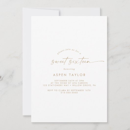 Invitation Sweet sixteen moderne Gold Script (Devant)