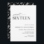 Invitation Sweet sixteen Moderne Noir et Blanc 16e anniversai<br><div class="desc">Style moderne minimaliste invitations à 16e anniversaire avec un design hors centre. Couleur noir et blanc épuré avec un motif amusant sur le dos. (Le motif latéral inverse peut être retiré,  si désiré,  à l'aide de l'outil de conception.)</div>