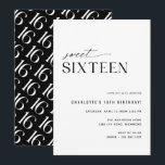Invitation Sweet sixteen Moderne Noir et Blanc 16e anniversai<br><div class="desc">Style moderne minimaliste invitations à 16e anniversaire avec un design hors centre. Couleur noir et blanc épuré avec un motif amusant sur le dos. (Le motif latéral inverse peut être retiré,  si désiré,  à l'aide de l'outil de conception.)</div>