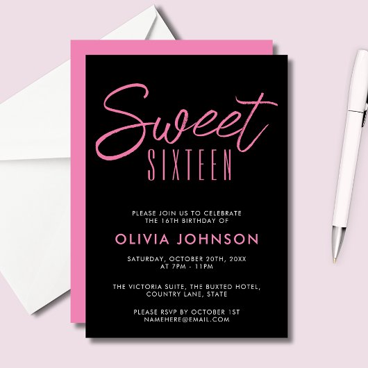 Invitation Sweet sixteen moderne rose et noir