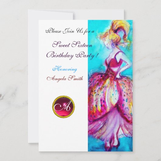 Invitation SWEET SIXTEEN, Monogramme de rubis rose rouge (Devant)