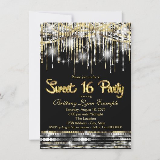 Invitation Sweet sixteen noir et or (Devant)