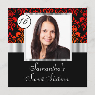 Invitation Sweet sixteen noir et rouge de damassé