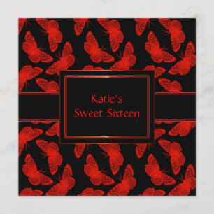 Invitation Sweet sixteen noir rouge de papillon rouge
