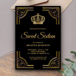 Invitation Sweet sixteen orné d'or noir vintage<br><div class="desc">Éblouissez vos invités avec cette invitation de sweet sixteen à thème royal avec une élégante bordure dorée et une belle couronne. Ajoutez simplement les détails de votre événement sur ce modèle facile à utiliser pour en faire une invitation unique. Retournez la carte pour révéler un beau motif d'or au dos...</div>