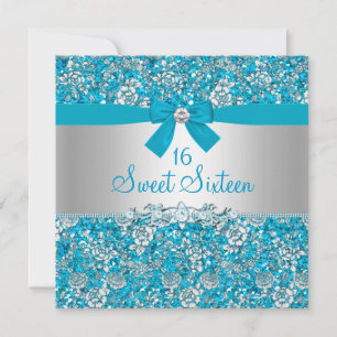 Invitation Sweet Sixteen Pailleté Bleu & Ruban