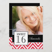 INVITATION SWEET SIXTEEN PARTY RED CHEVRON (Devant / Derrière)