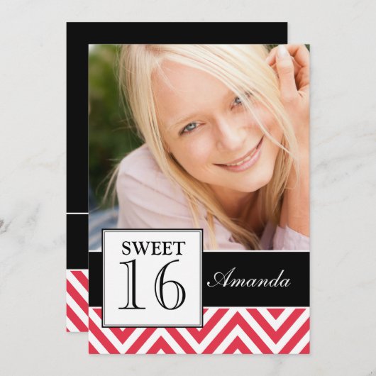 INVITATION SWEET SIXTEEN PARTY RED CHEVRON (Devant / Derrière)