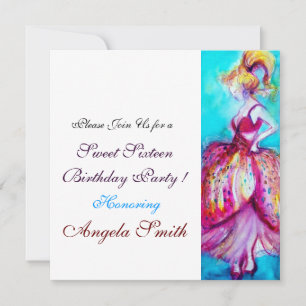 Invitation SWEET SIXTEEN PARTY rouge rose bleu turquase blanc