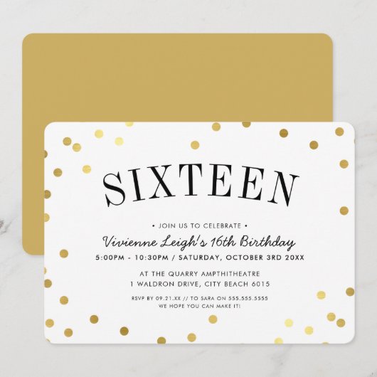 Invitation SWEET SIXTEEN PARTY taches de confetti en or éléga (Devant / Derrière)
