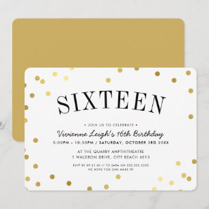 Invitation SWEET SIXTEEN PARTY taches de confetti en or éléga