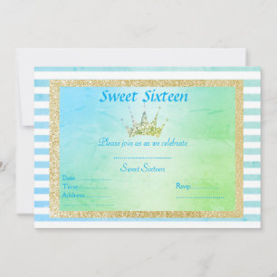 INVITATION SWEET SIXTEEN PASTEL STRIPE TIARA ANNIVERSAIRE OR