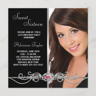 Invitation Sweet sixteen photo Black Silver Red Heart Birthda
