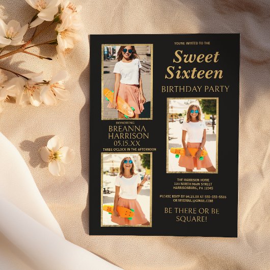 Invitation Sweet sixteen photo en or noir simple et élégant