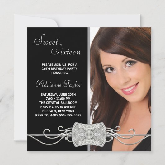 Invitation Sweet sixteen photo noir Diamond Argent (Devant)