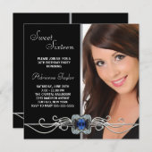 Invitation Sweet sixteen photo noir Diamond Argent (Devant / Derrière)