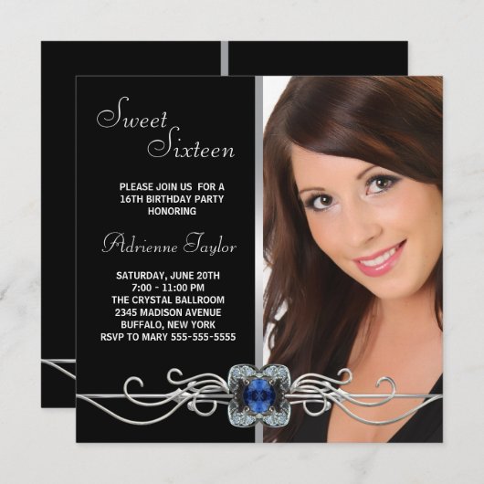 Invitation Sweet sixteen photo noir Diamond Argent (Devant / Derrière)