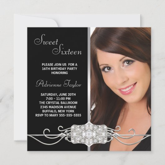 Invitation Sweet sixteen photo noir Diamond Argent (Devant)
