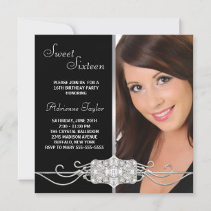 Invitation Sweet sixteen photo noir Diamond Silver