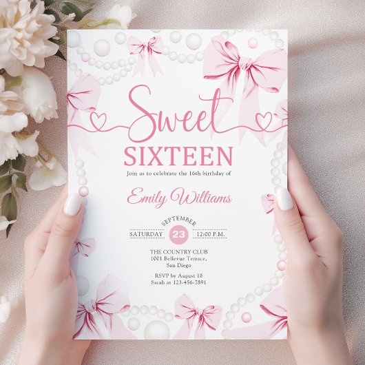 Invitation Sweet Sixteen Pink Bows Pearls Coquette