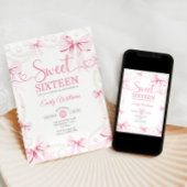 Invitation Sweet Sixteen Pink Bows Pearls Coquette