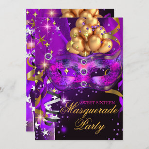 Invitation Sweet sixteen Purple Gold Black Masquerade Party