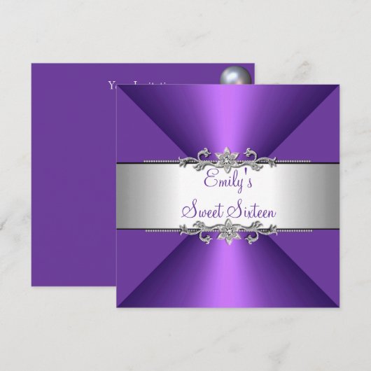 Invitation Sweet sixteen Purple Silver fête d'anniversaire (Devant / Derrière)