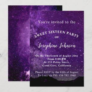 Invitation Sweet sixteen Purple Stars Parties scintillant Inv