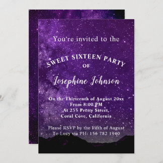 Invitation Sweet sixteen Purple Stars Parties scintillant Inv
