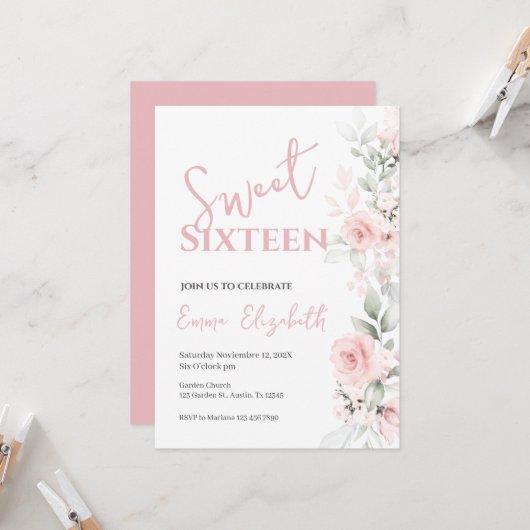 Invitation Sweet sixteen rose (Devant/Arrière en situation)