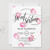Invitation Sweet sixteen rose Aquarelle Baisers (Devant)