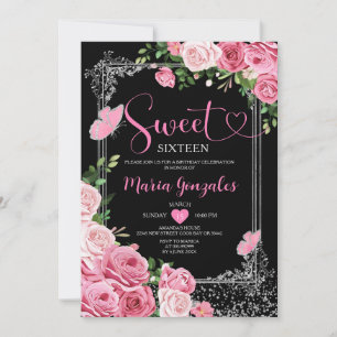 Invitation Sweet sixteen rose argent 16e fête d'anniversaire 