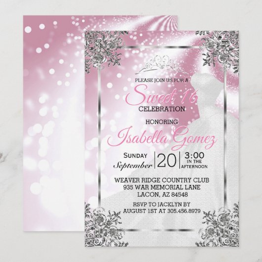 Invitation Sweet sixteen rose avec princesse Gown (Devant / Derrière)